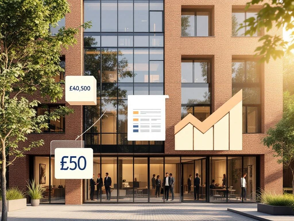 Modern Amsterdam kantoorgebouw met glazen gevel en bakstenen accenten, calculator en financiële documenten op voorgrond