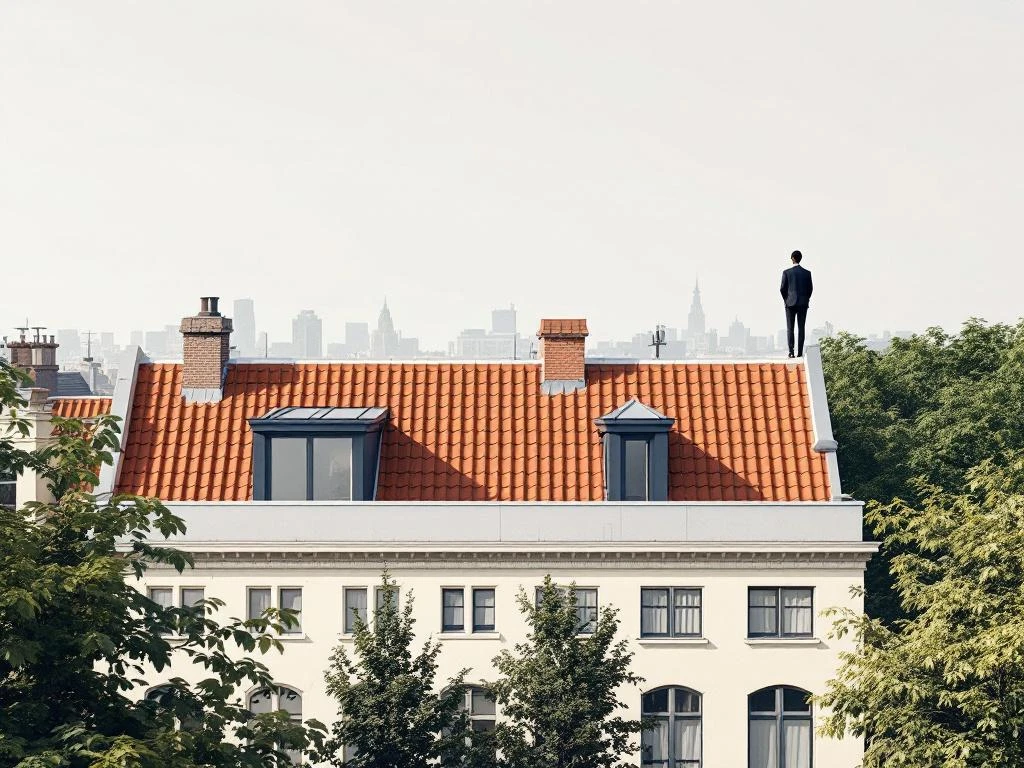 Vastgoedprofessional op dak van Amsterdams grachtenpand met stadsgezicht en kanaalhuizen op achtergrond