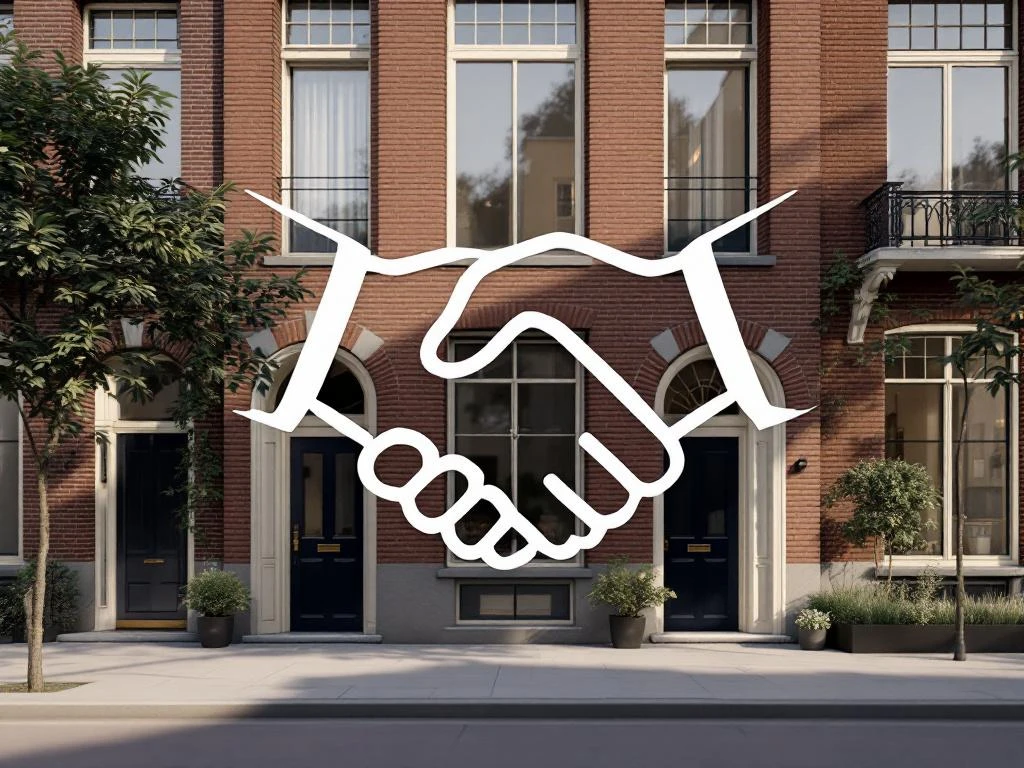 Modern Amsterdam grachtenpand met bakstenen gevel en handdruk silhouet die vastgoedonderhandelingen symboliseert