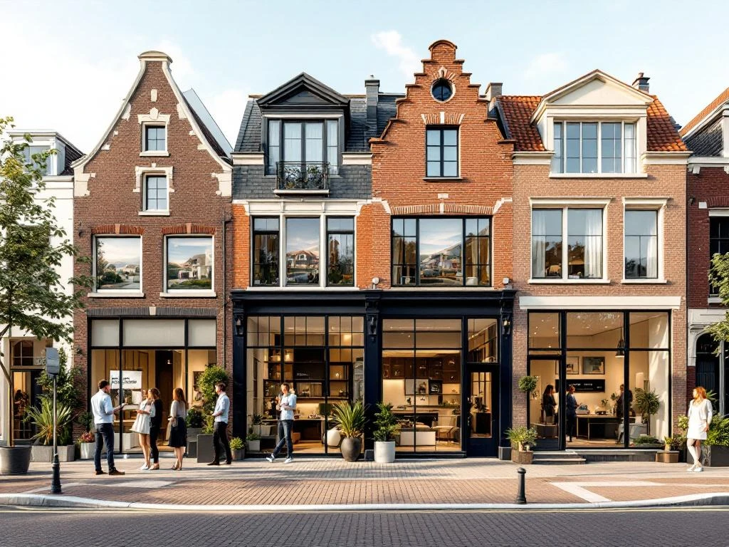 Amsterdam grachtenpanden met moderne makelaardijkantoren, klanten in gesprek met vastgoedprofessionals, bakstenen gevels
