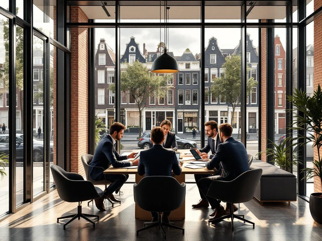Moderne Amsterdam makelaarskantoor met professionals die klanten adviseren, uitzicht op grachtenhuizen door grote ramen