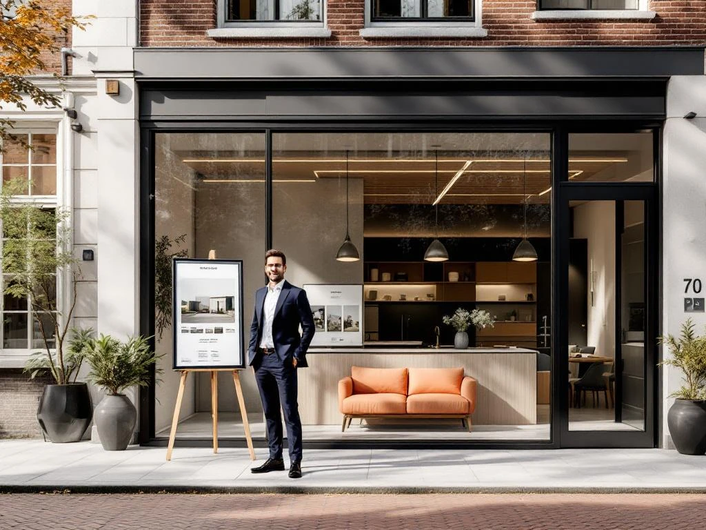 Professionele makelaar in marineblauw pak bij modern Amsterdam kantoor met geometrische lijnen en bakstenen architectuur