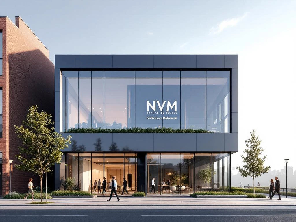 Modern Amsterdam makelaarskantoor met glazen gevel en NVM-certificering, omringd door stadsgroen en wandelende mensen.