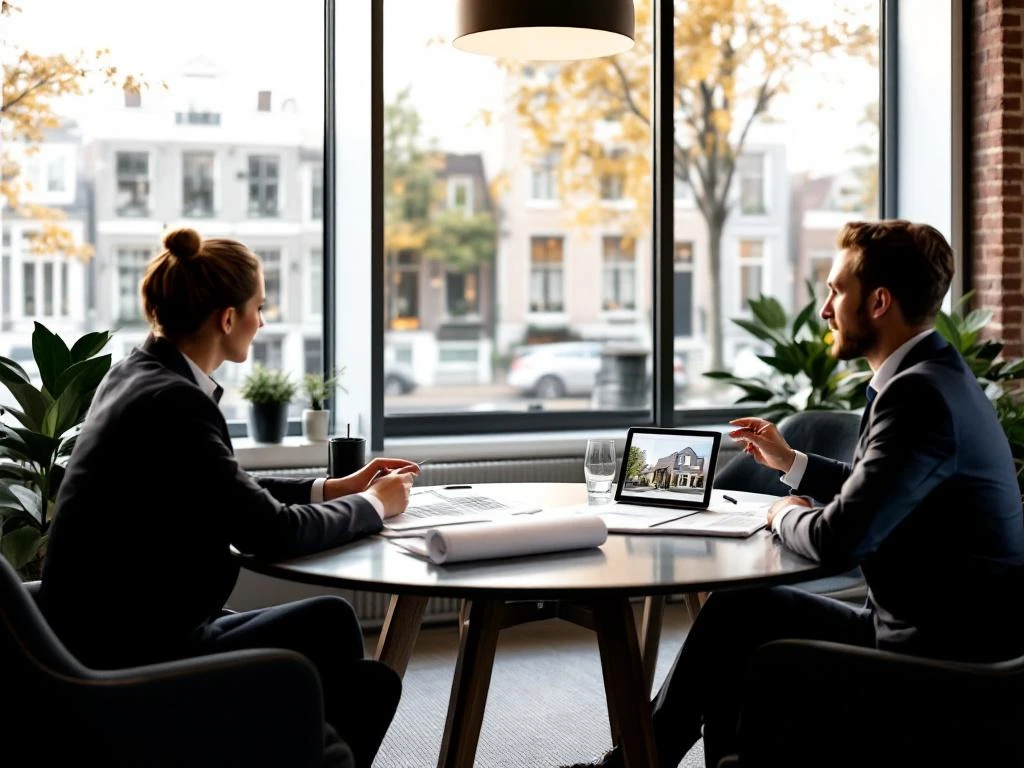 Moderne Amsterdam makelaarskantoor met grachtenpanden op achtergrond, blauwdrukken en tablet op glazen tafel