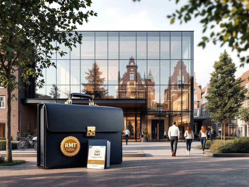 Modern Amsterdam kantoorgebouw met glazen gevel, grachtenhuizen op achtergrond, aktetas met RMT-certificering op voorgrond
