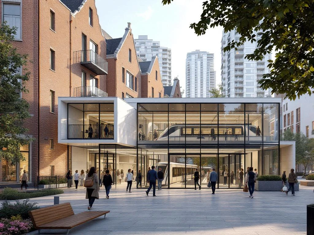 Moderne glazen metro-ingang geïntegreerd in traditionele Amsterdamse grachtenomgeving met bakstenen gebouwen en woontorens