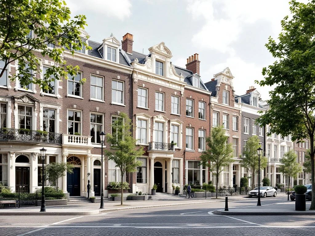 3D-rendering van Amsterdams Museumkwartier met historische grachtenpanden en klassieke Nederlandse architectuur