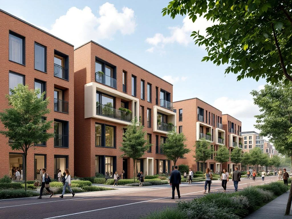 Moderne woningbouw Amsterdam Nieuw-West met bakstenen gevels, groene straten en wandelende bewoners in daglicht