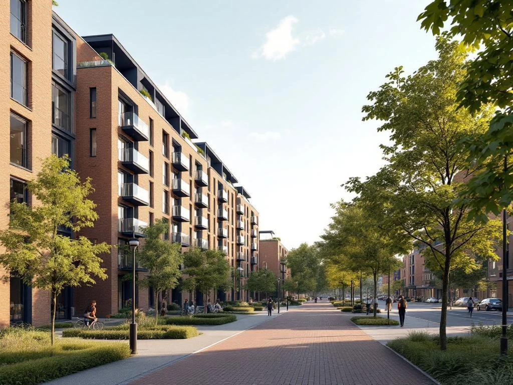 Moderne woongebouwen en gerenoveerde sociale woningbouw in Amsterdam Nieuw-West met groene ruimtes en fietspaden