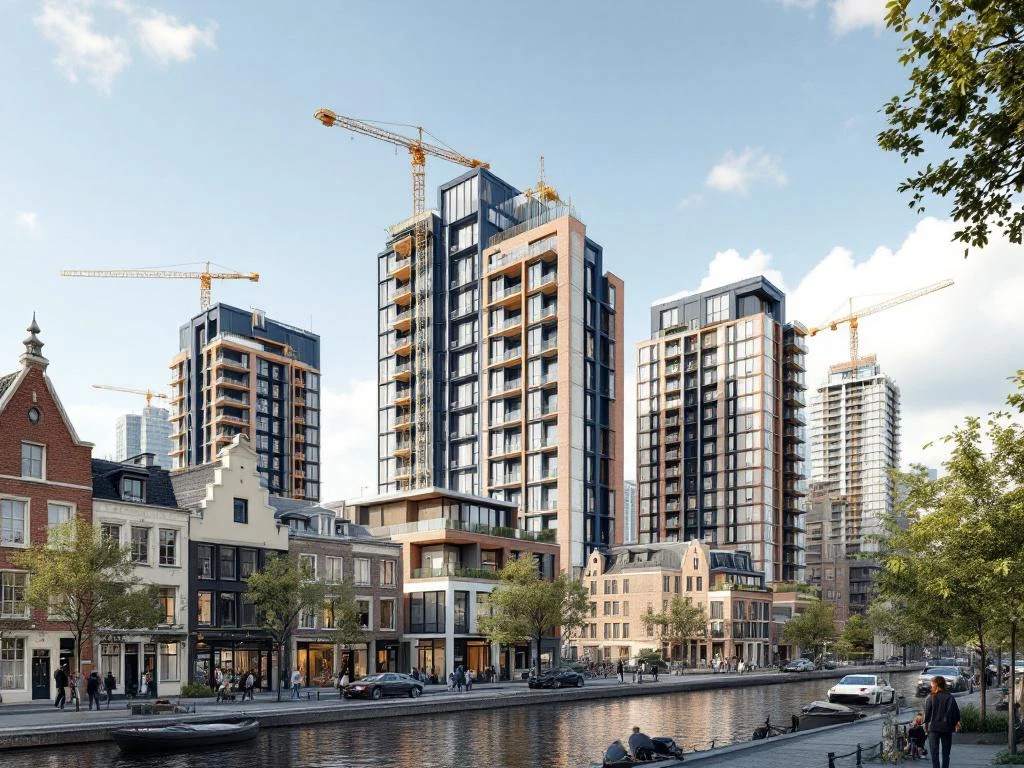 Moderne woningbouwprojecten Amsterdam 2025: glazen appartementen en bakstenen complexen langs grachten met hijskranen