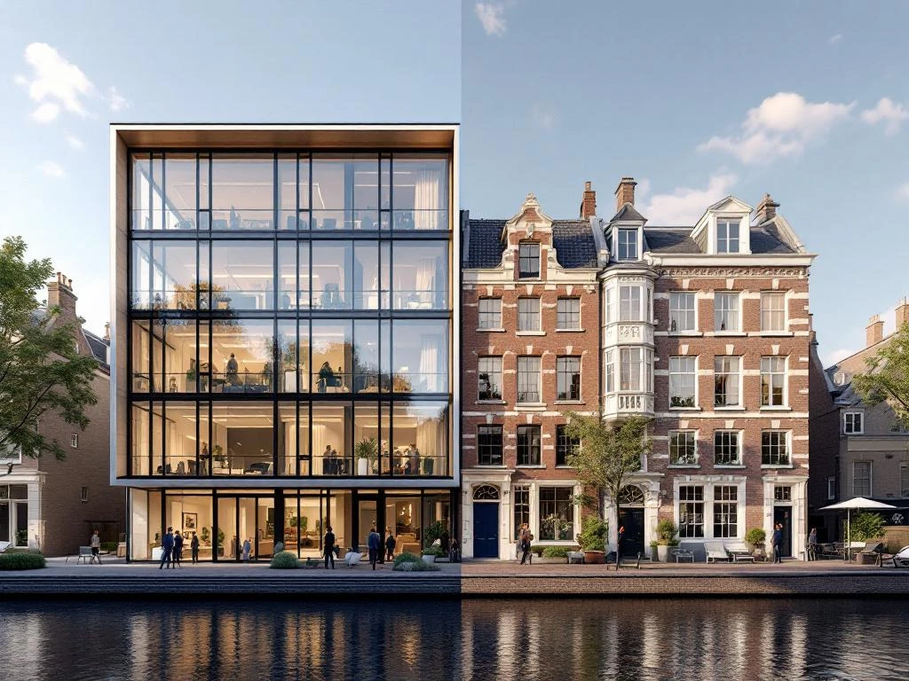 Vergelijking Amsterdam woningmarkt: moderne nieuwbouw appartementen naast klassieke grachtenpanden met trapgevels
