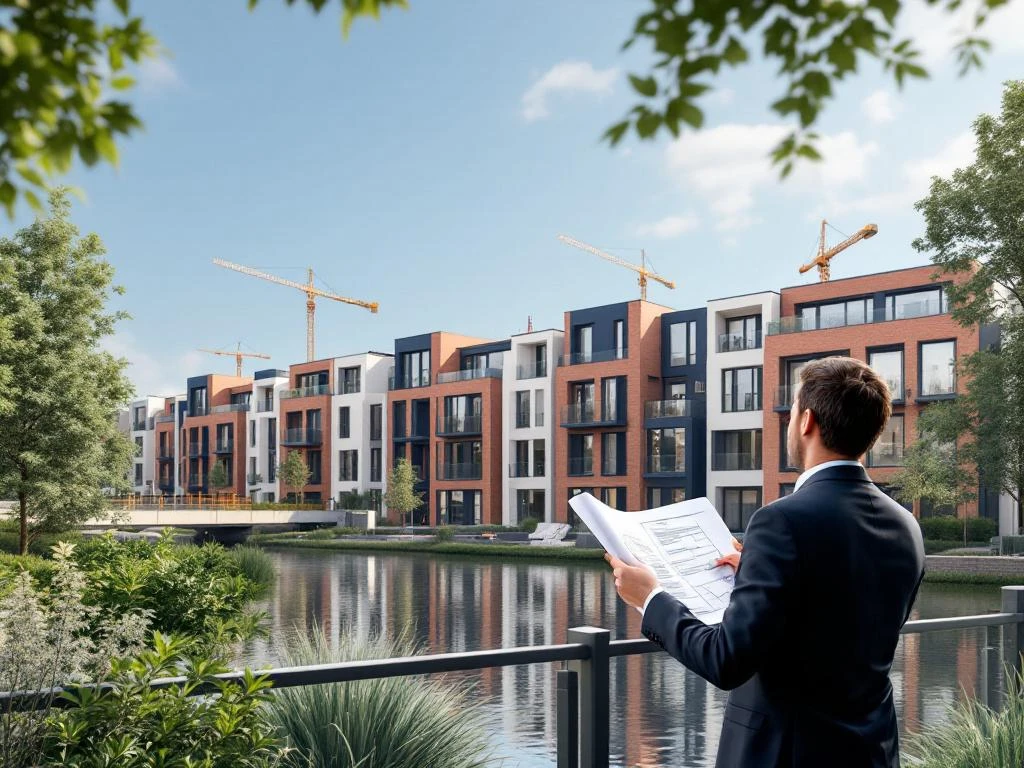 Moderne Amsterdam nieuwbouw ontwikkeling met geometrische appartementen en traditionele grachtenpanden in aanbouw