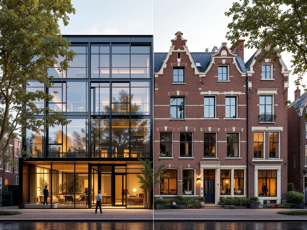 Moderne glazen woningen naast traditionele Amsterdamse grachtenpanden met bakstenen gevels en trapgevels