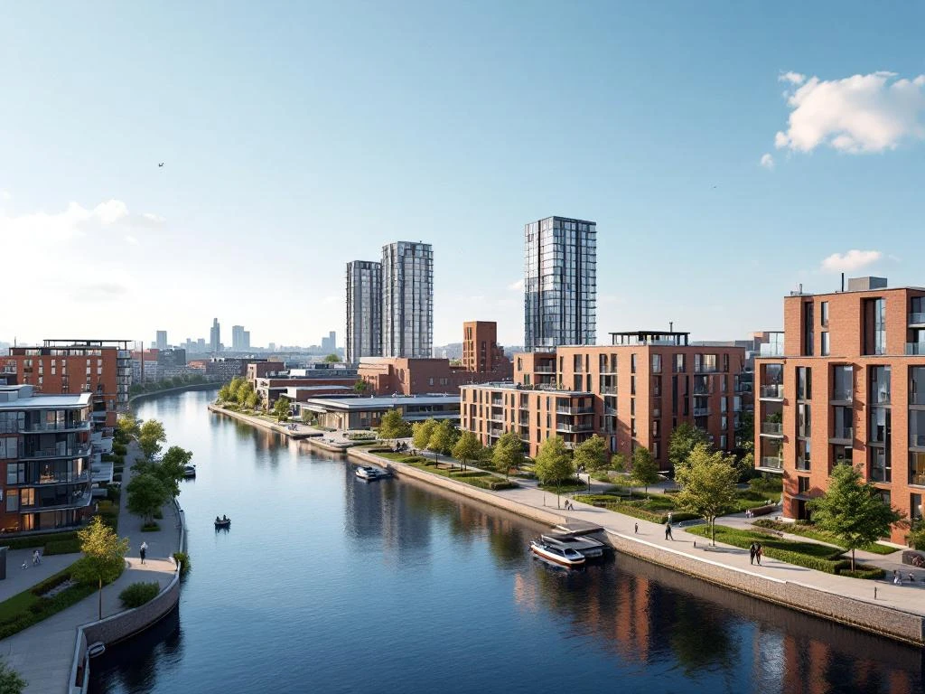 Luchtfoto van moderne woontorens en traditionele huizen langs het IJ in Amsterdam-Noord met NDSM-werf op achtergrond