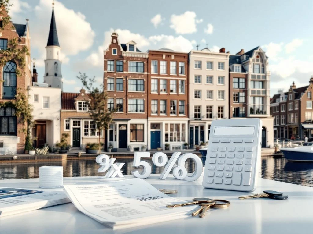 3D rendering van Amsterdamse grachtenpanden met rekenmachine en percentagesymbolen voor vastgoedkosten berekening