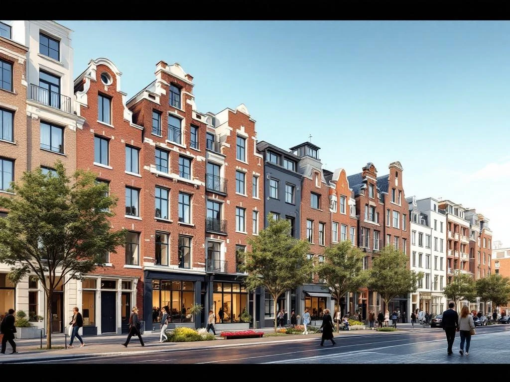 Architecturale weergave van Amsterdam Oost met traditionele bakstenen huizen en moderne woningen langs brede straat