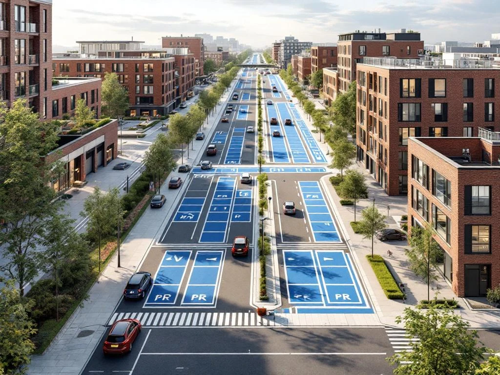 Architecturale weergave van Amsterdam parkeeroplossingen met ondergrondse garages, P+R faciliteiten en blauwe parkeerzones