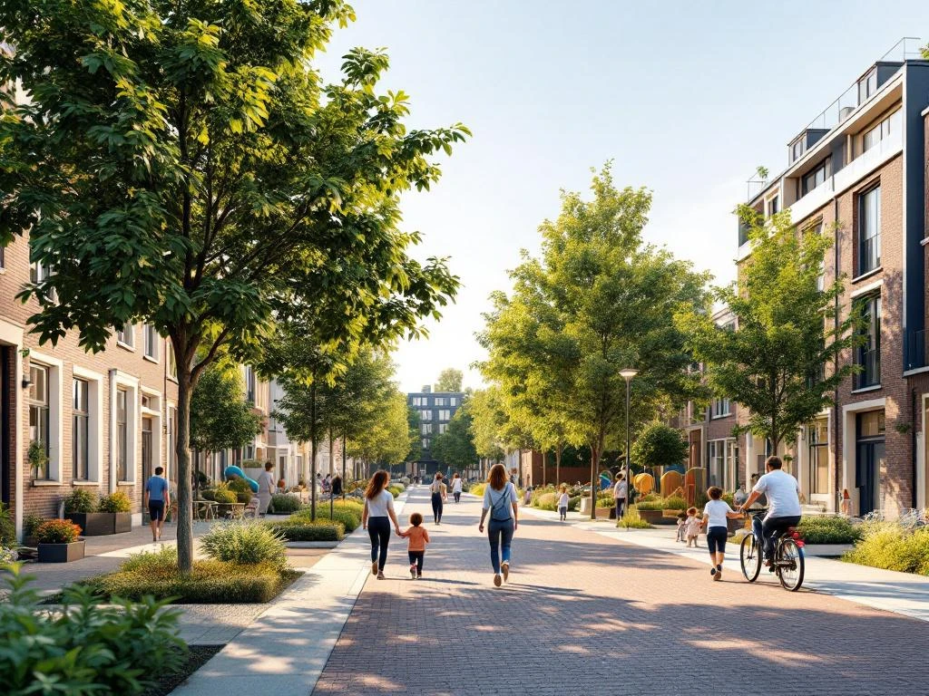 3D-rendering van Amsterdam Plantagebuurt met gezinnen, historische grachtenpanden, moderne appartementen en groene speelruimtes
