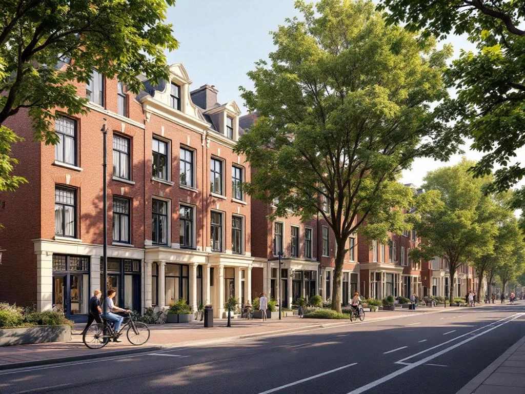 Architecturale rendering van Amsterdam Plantagebuurt met 19e-eeuwse grachtenpanden, bomen en fietsers in warm middaglicht