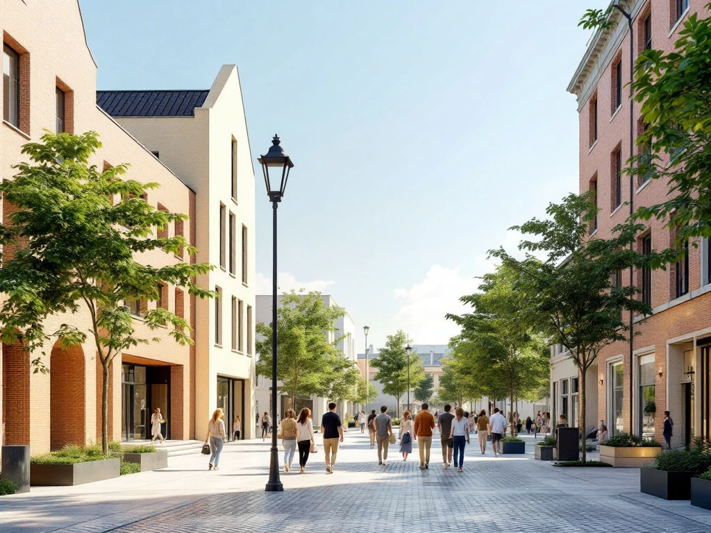 Architecturale weergave van Amsterdam Plantagebuurt met museumgevels, historische bakstenen gebouwen en wandelende mensen