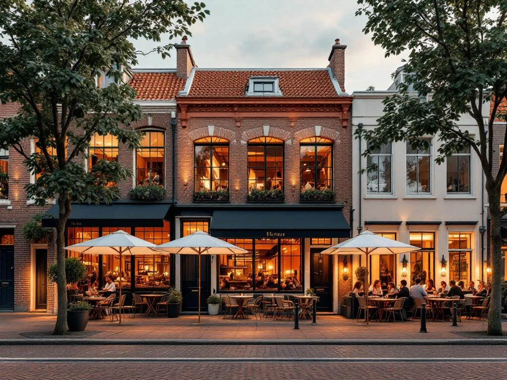 3D-weergave van Rivierenbuurt Amsterdam met canalside restaurants, terrassen en traditionele Nederlandse bakstenen gebouwen