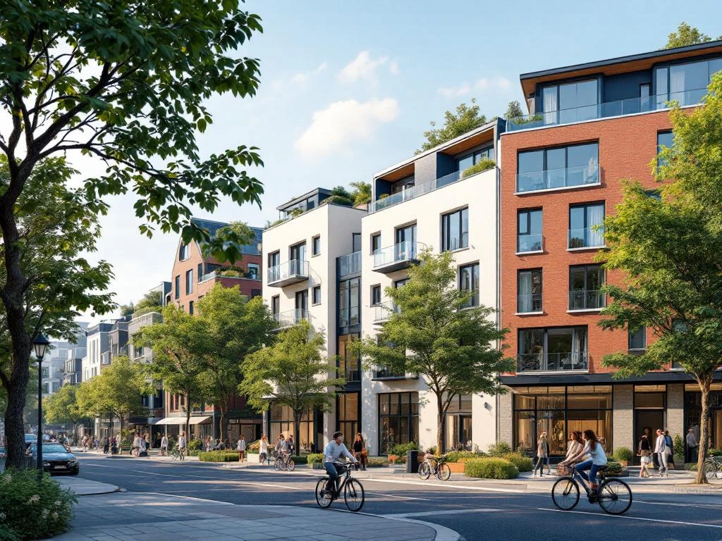 Diverse Amsterdam neighborhood with traditional canal houses and modern apartments, tree-lined streets with cyclists and students walking.
