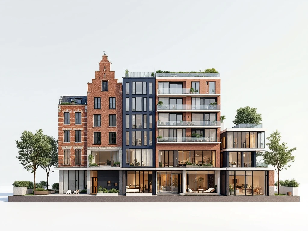 Architecturale rendering van diverse Amsterdam vastgoedtypen: grachtenpand, appartement, kantoor en woningbouw in minimalistisch ontwerp.