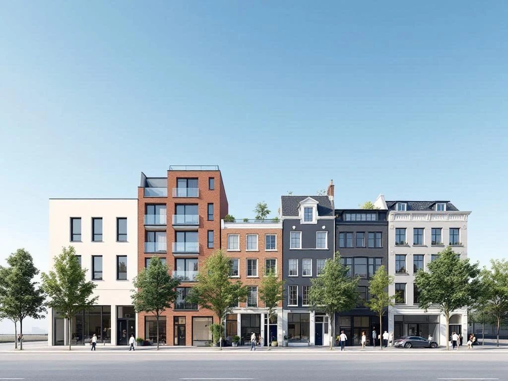 Diverse Amsterdam vastgoed: moderne appartementen, traditionele grachtenpanden en commerciële gebouwen met mensen en groen
