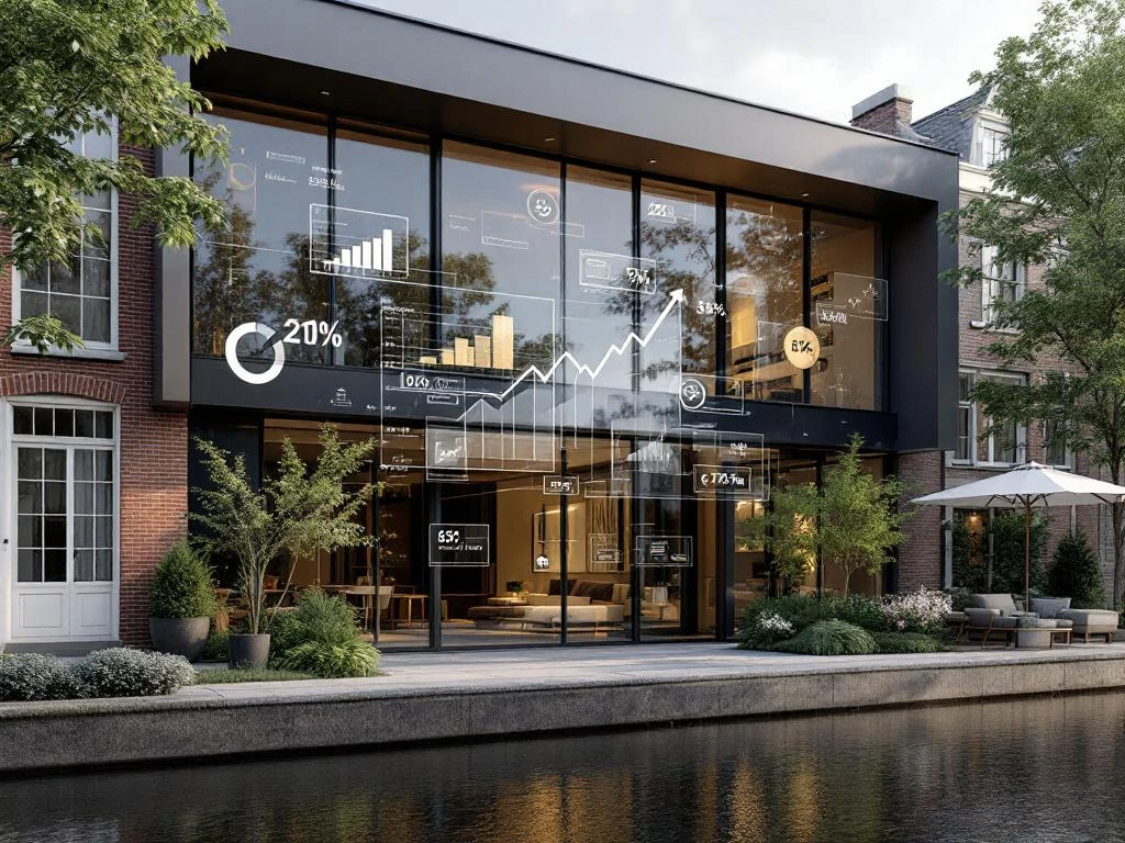 Moderne Amsterdam grachtenpand met transparante financiële grafieken overlay voor vastgoed investering berekeningen
