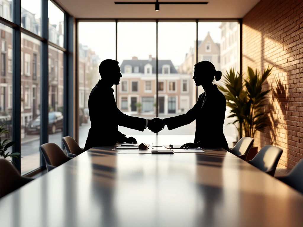 Twee silhouetten schudden handen over vastgoeddocumenten in moderne Amsterdam kantoor met grachtenhuizen zichtbaar door raam