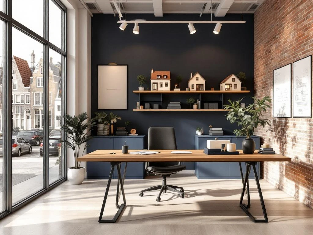 Moderne Amsterdam makelaarskantoor met houten bureau, huismodellen en uitzicht op grachtenhuizen door ramen tot plafond.