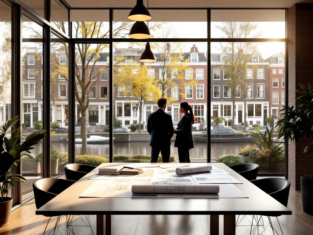 Moderne Amsterdam makelaarskantoor met cliënten aan vergadertafel, uitzicht op grachtenhuizen door grote ramen
