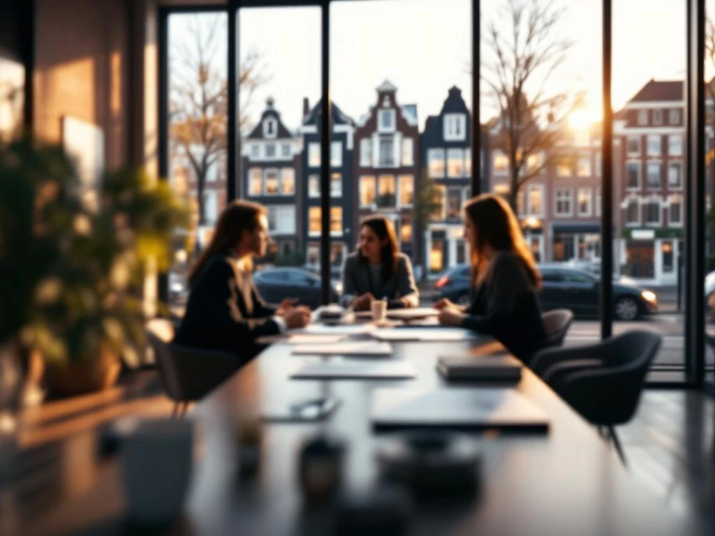 Moderne Amsterdam vastgoed kantoor interieur met glazen ramen, grachtenhuizen uitzicht, overlegtafel met documenten