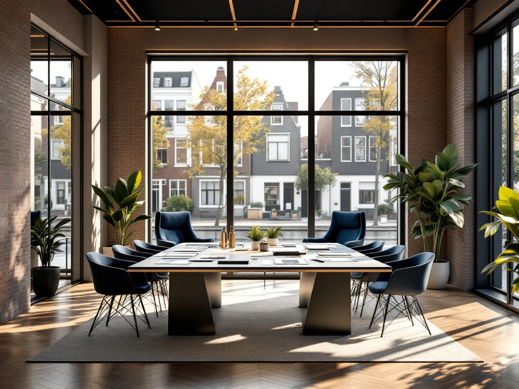 Moderne Amsterdam makelaarskantoor met onderhandelingstafel, documenten, kanaalpanden door ramen en minimalistische inrichting