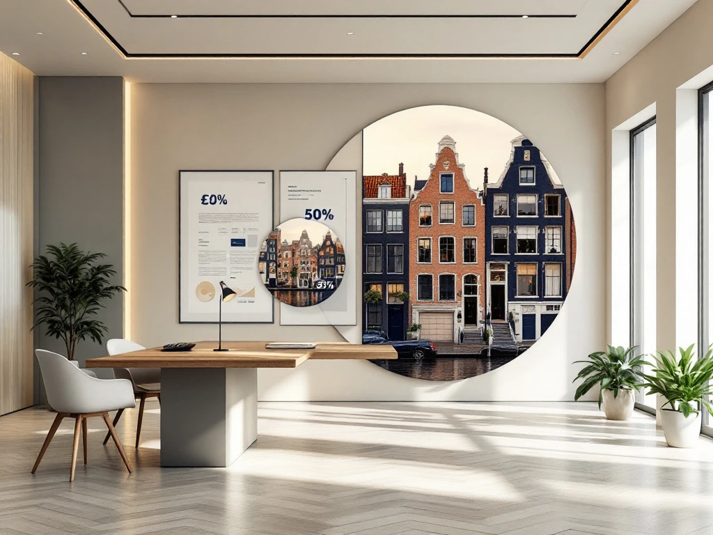 Moderne Amsterdam makelaarskantoor interieur met financiële documenten, grachtenpanden en monetaire symbolen in split-screen compositie.