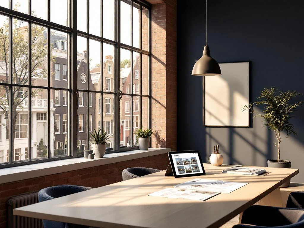 Moderne Amsterdam makelaarskantoor met vloer-tot-plafond ramen, consultatietafel en tablet met woningaanbod