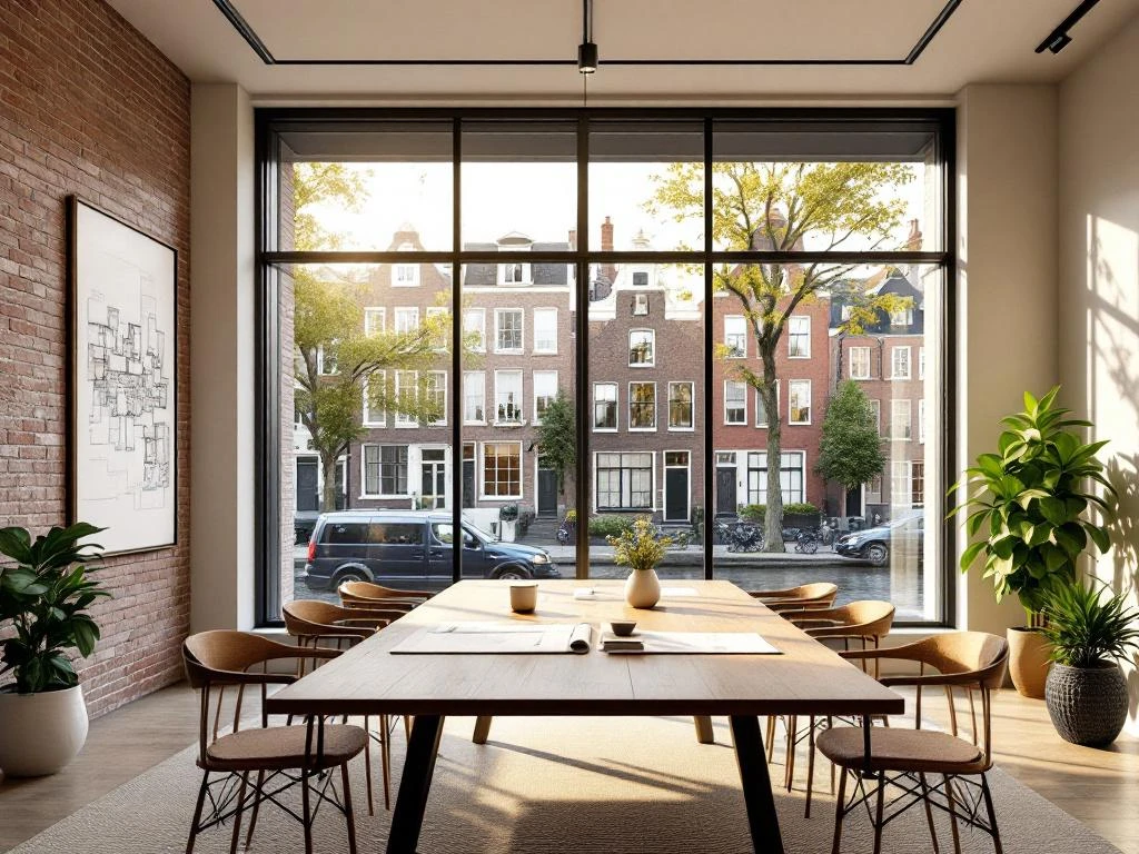 Moderne Amsterdam vastgoed kantoor interieur met vergadertafel en uitzicht op grachtenhuizen door grote ramen