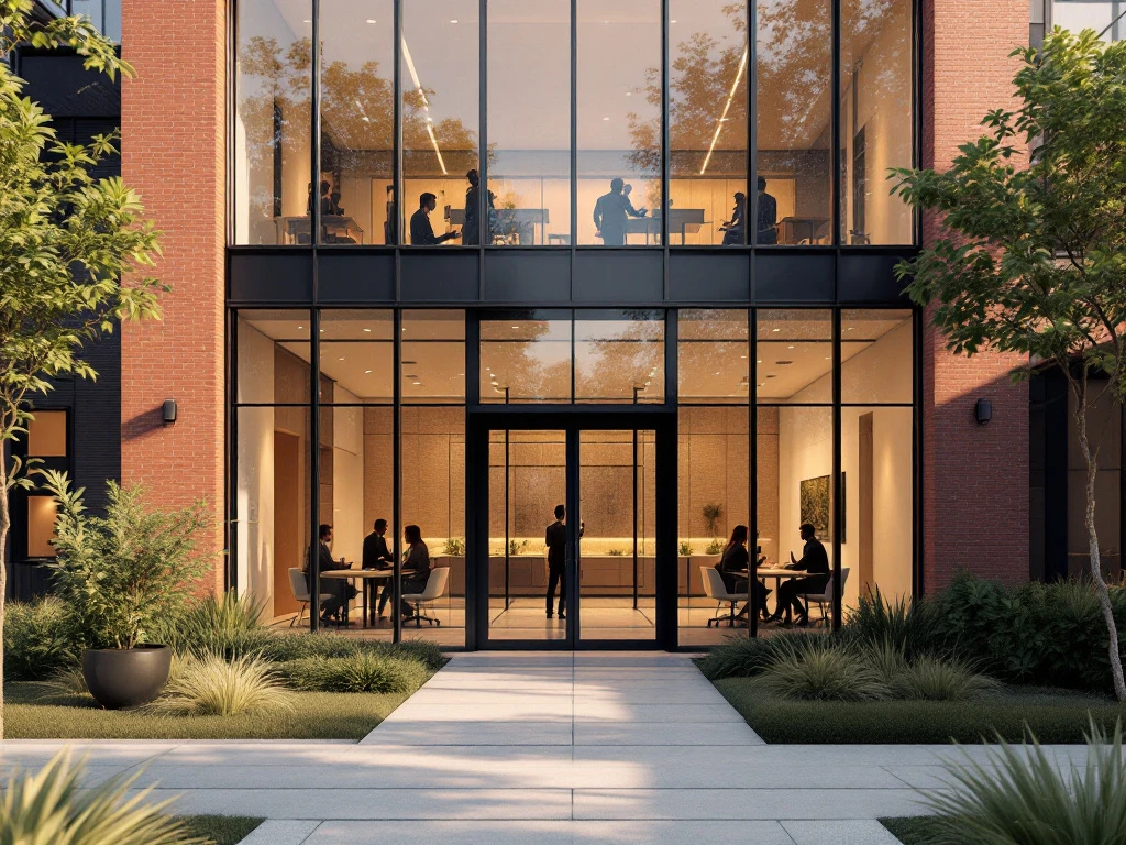 Modern Amsterdam kantoorgebouw met glazen gevel, professionals aan het werk, minimalistisch design met bakstenen en groen.