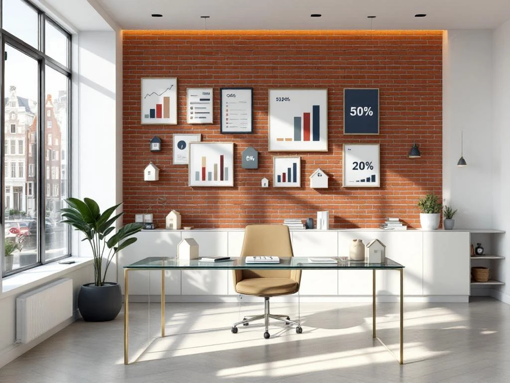 Modern Amsterdam vastgoedkantoor interieur met bakstenen muur, grafieken, glazen bureau en uitzicht op grachten