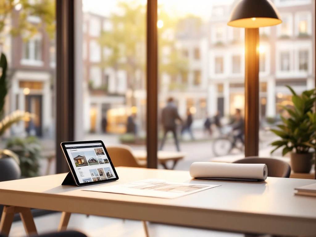 Modern Amsterdam makelaarskantoor interieur met grote ramen, bureau met documenten en tablet, uitzicht op grachtenhuizen