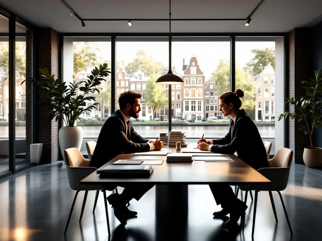 Twee zakenmensen onderhandelen aan conferentietafel in moderne Amsterdam vastgoedkantoor met grachtenpanden op achtergrond