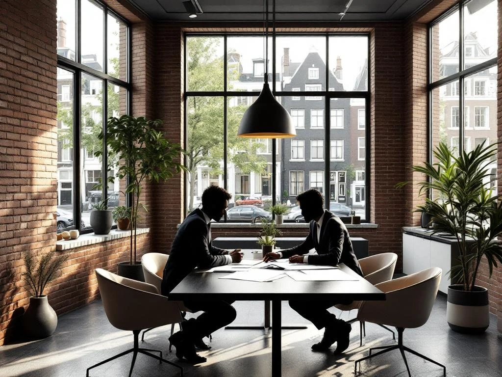 Moderne Amsterdam makelaarskantoor met twee figuren in onderhandeling aan conferentietafel, grachtenpanden zichtbaar door ramen