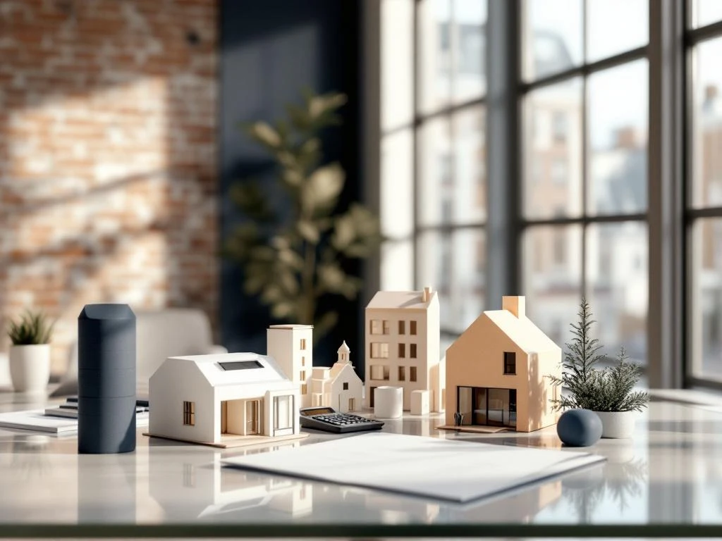 Modern kantoor met glazen bureau, rekenmachine, documenten en architectuurmodellen van Amsterdamse huizen voor vastgoedadvies