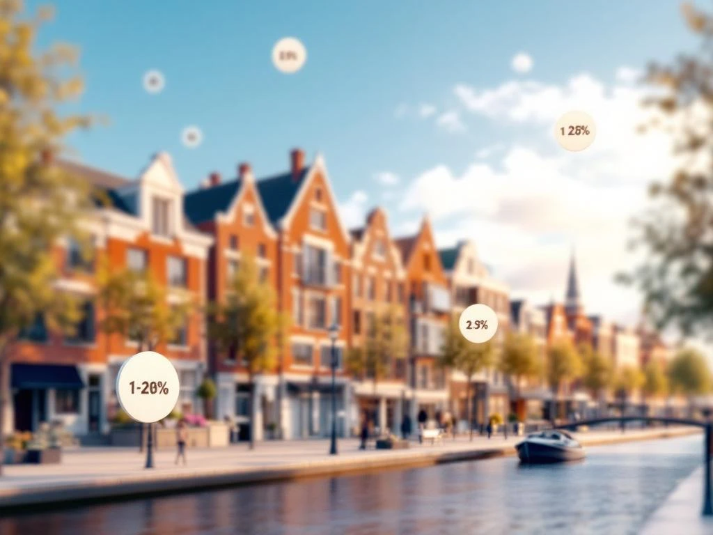 Amsterdam huizen langs grachten met rekenmachine en percentagesymbolen voor vastgoedkosten berekening