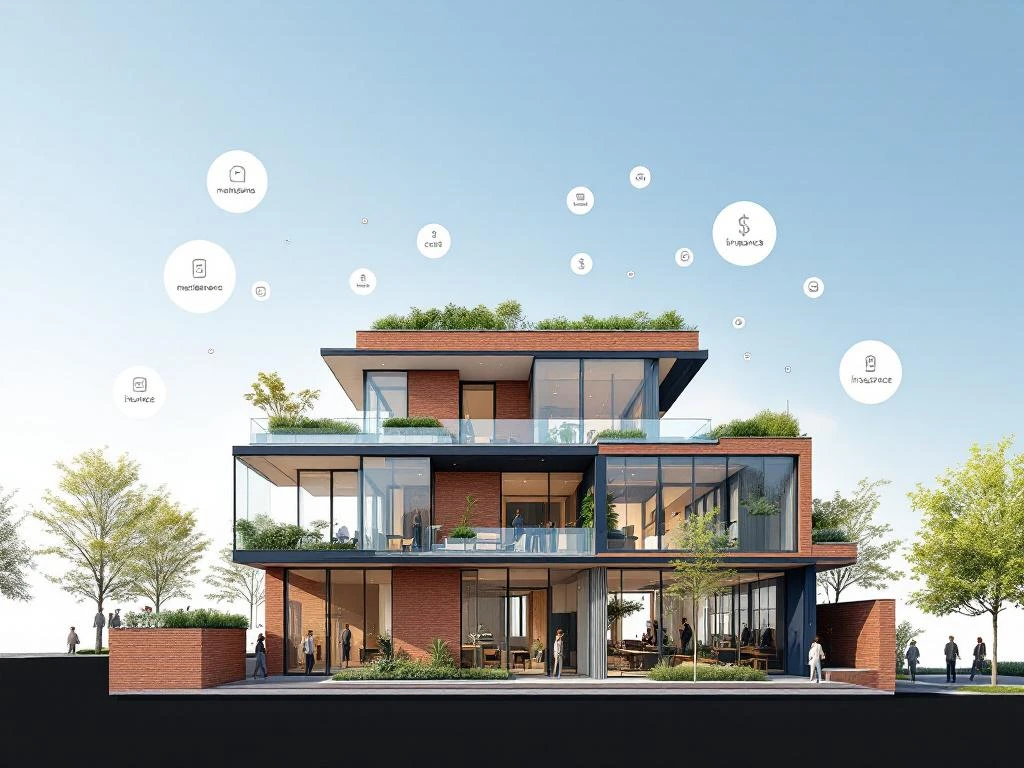 Moderne Amsterdam kanaalwoning doorsnede met zwevende kosten iconen voor onderhoud, utilities en verzekering