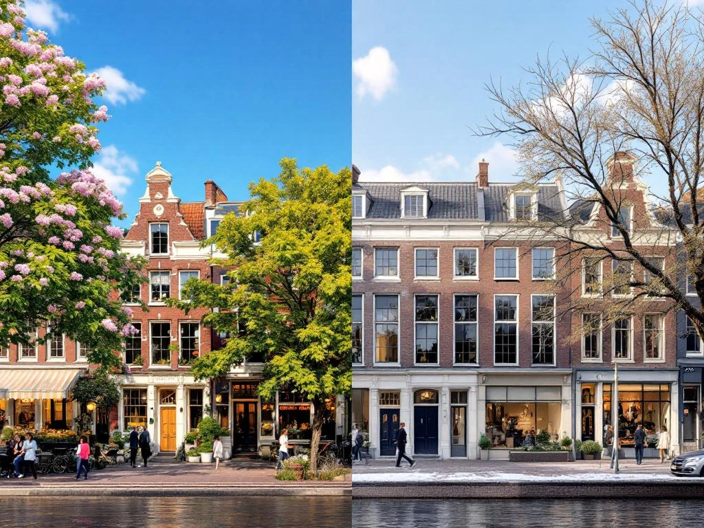 Architecturale rendering van Amsterdam huizenmarkt: zomer met bloeiende bomen en winter met kale takken langs grachten
