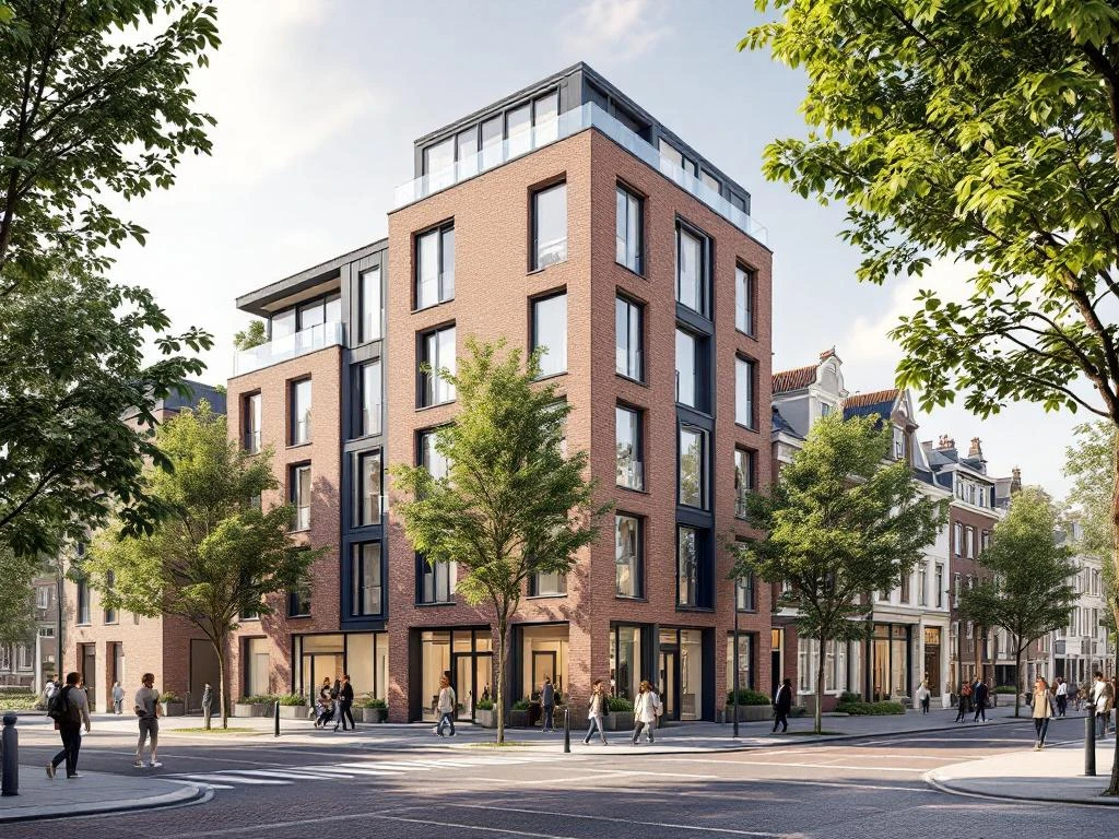 Architecturale weergave van Watergraafsmeer Amsterdam met bakstenen appartementen, grachtenpanden en groene bomen langs straten.