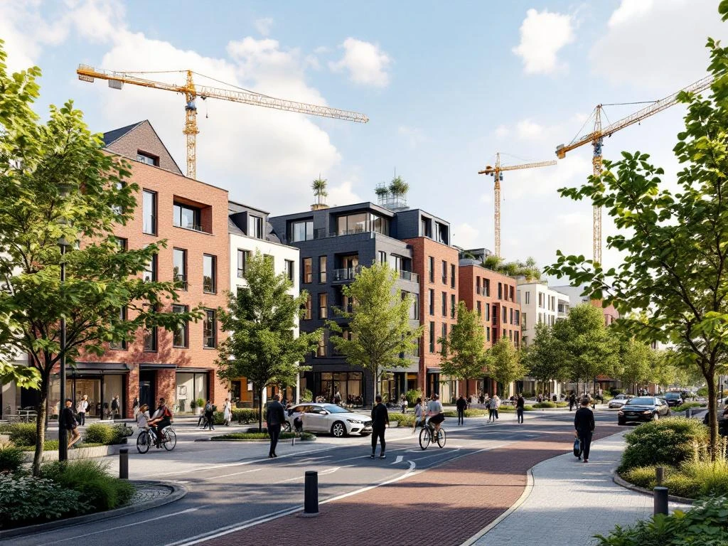 Architecturale visualisatie van Amsterdam West 2025 met moderne bakstenen woningen, gerenoveerde grachtenpanden en groene boulevards