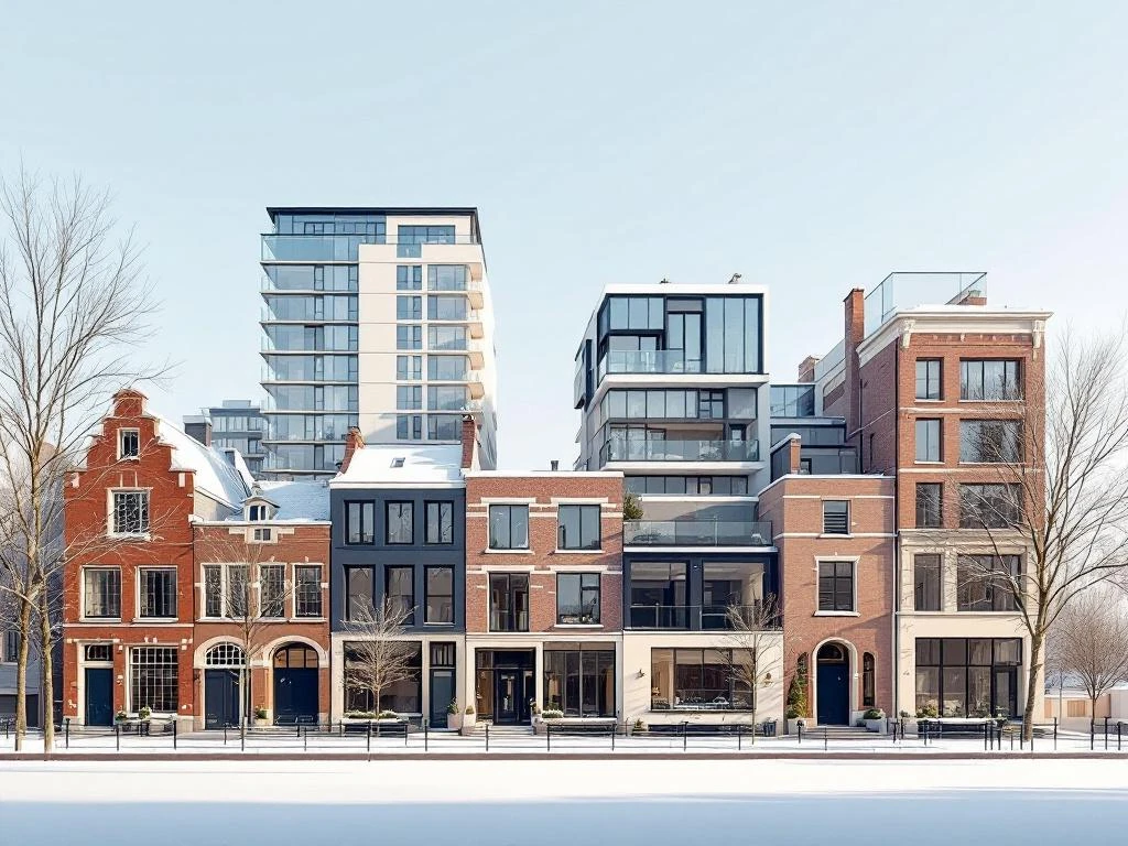 Amsterdam winter vastgoed: sneeuw bedekte grachtenhuizen en moderne appartementen langs kanaal in daglicht
