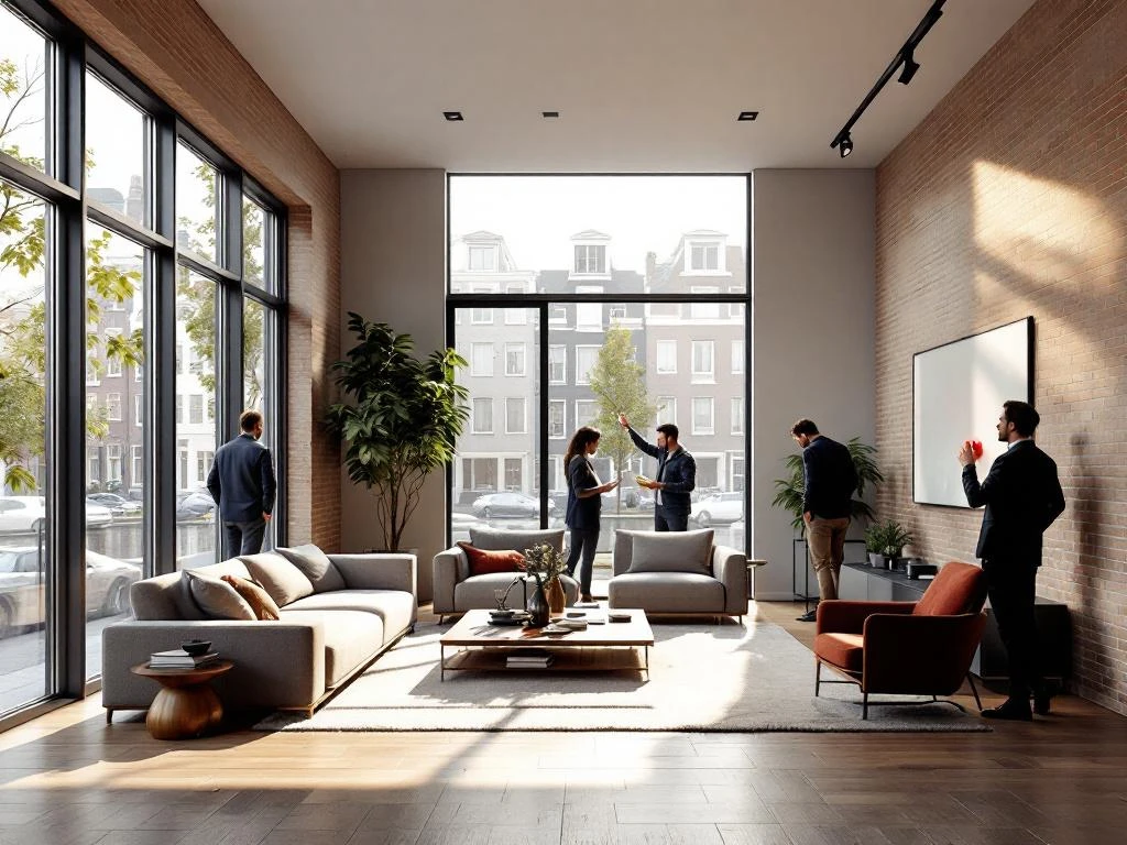Modern Amsterdam woning interieur met grote ramen, bakstenen muren en navy accenten tijdens bezichtiging met zichtbare gebreken